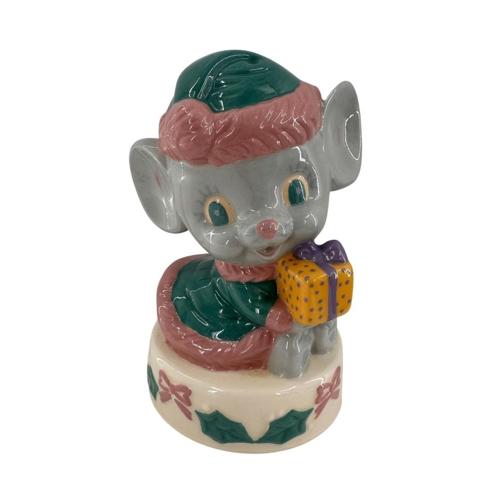 Vintage Christmas Ceramic Mouse‎ Figurine 7" Kitsch Pastel Retro Gift Whimsical